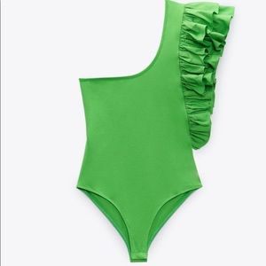 Zara One Shoulder Green Ruffle Bodysuit